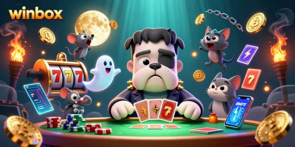 Experience winbox thrill with 3D casino characters and vibrant gaming elements at a monster's table.