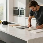 Expert artisan refining a solid surface countertop at a solid surface countertops company, showcasing craftsmanship and design.
