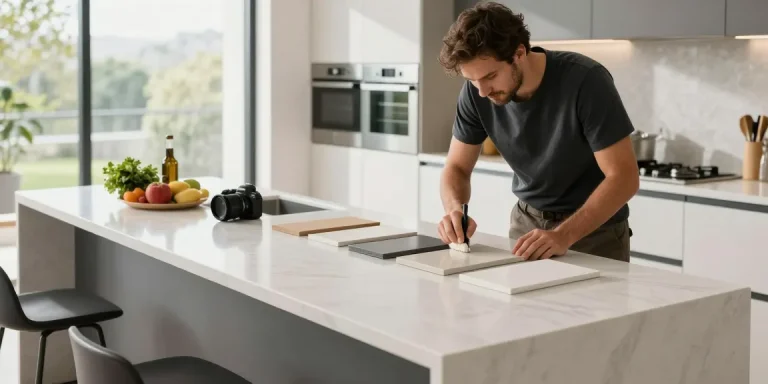 Expert artisan refining a solid surface countertop at a solid surface countertops company, showcasing craftsmanship and design.