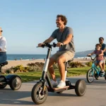 Adults enjoying the freedom of riding tricycles along a scenic coastal pathway.
