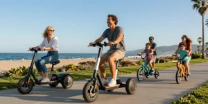 Adults enjoying the freedom of riding tricycles along a scenic coastal pathway.