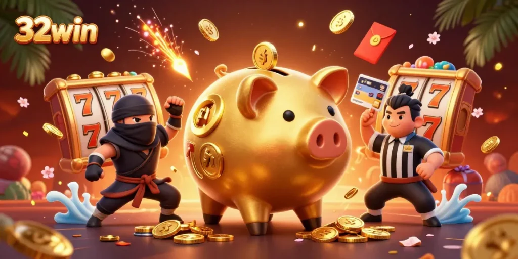 Experience thrilling wins at 32win with an action-packed casino illustration showcasing vibrant gaming elements.