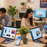 Shopping experience on rokok88 with diverse customers engaging with digital devices in a vibrant marketplace.