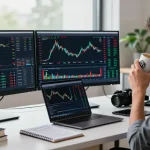 Trader engaging with mt5 platform in a modern workspace with market analysis tools.
