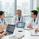 Healthcare professionals discussing vital health insights in a modern office setting.