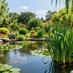 Pond Plants flourishing in a serene garden pond, featuring water lilies and a gardener tending to them.