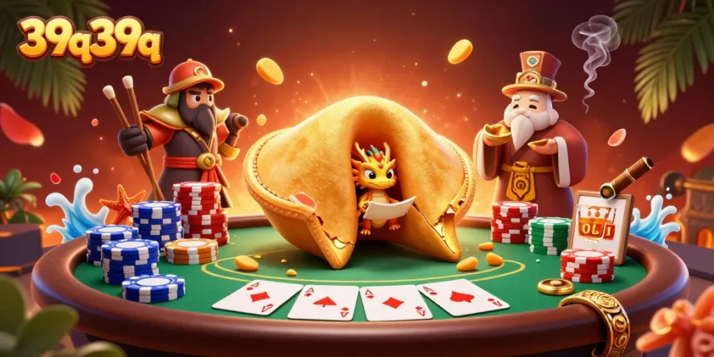 Aumente suas chances com 39q39q em meio a guerreiros de bastão, dragão sábio e mesa de poker vibrante.