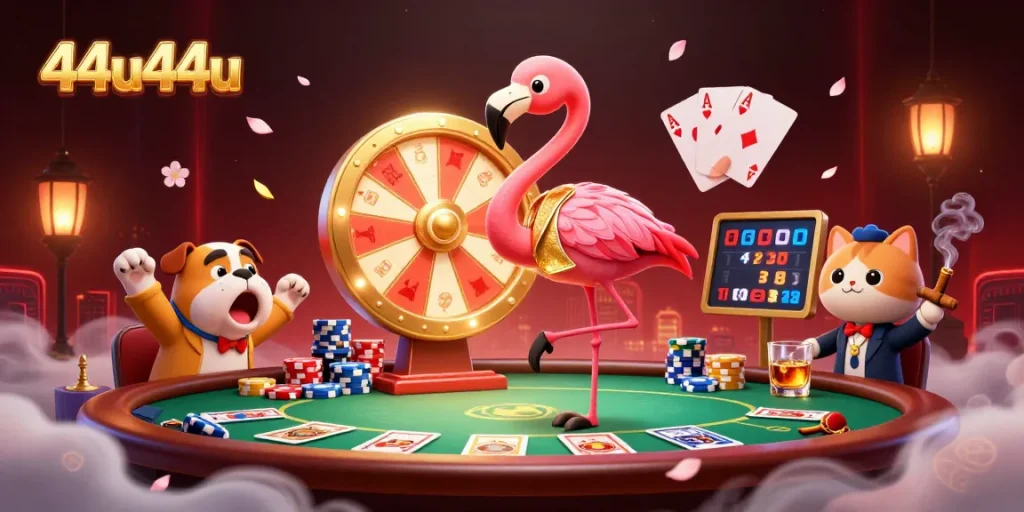 Engage with 44u44u's thrilling casino atmosphere featuring vibrant characters and dynamic game elements.