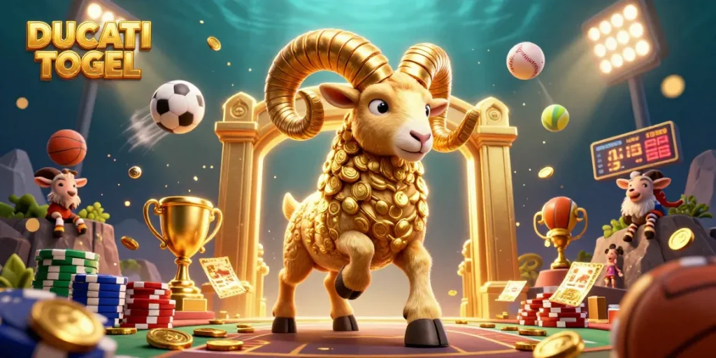 Engage with DUCATI TOGEL's vibrant gaming universe, featuring a dynamic golden ram at a casino.