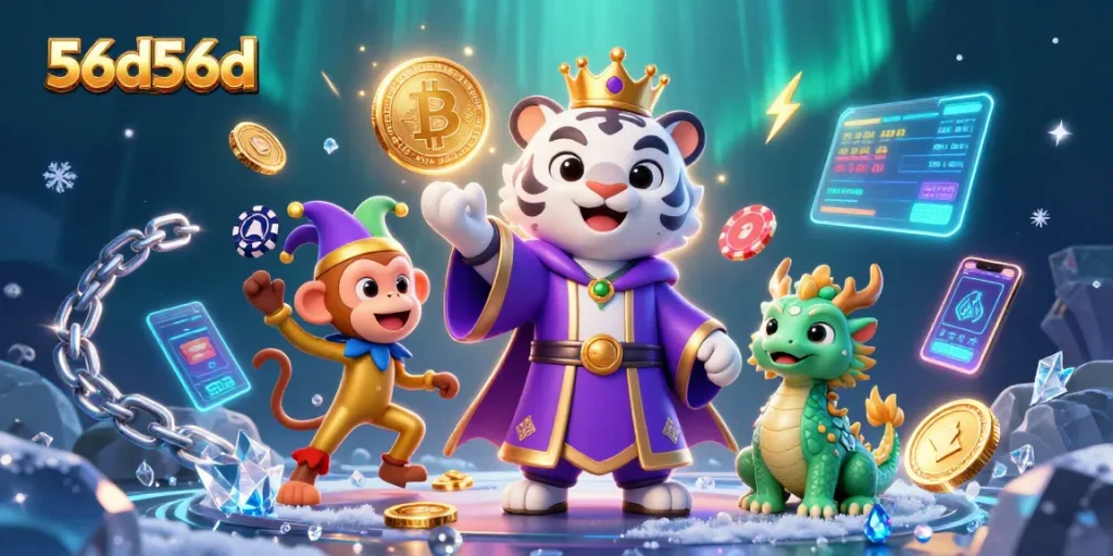 56d56d ilustra ação do cassino com tigre elegante, macaco brincalhão e dragão ao fundo.