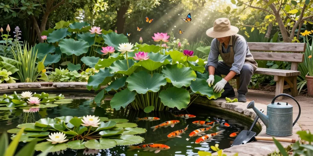 Pond plants in a tranquil garden pond with a gardener tending vibrant foliage and blooming water lilies.