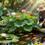 Pond plants in a tranquil garden pond with a gardener tending vibrant foliage and blooming water lilies.