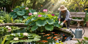 Pond plants in a tranquil garden pond with a gardener tending vibrant foliage and blooming water lilies.