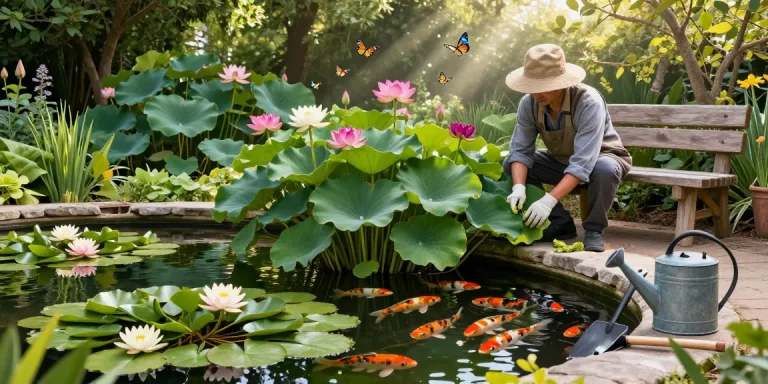 Pond plants in a tranquil garden pond with a gardener tending vibrant foliage and blooming water lilies.