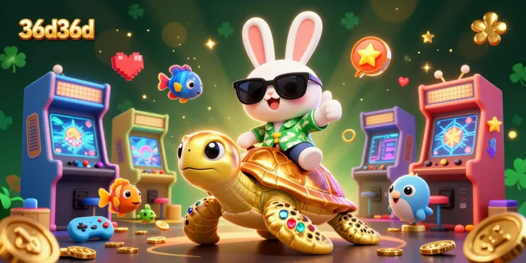 Capture the excitement of 36d36d with a cartoon rabbit and turtle amid dazzling casino games.