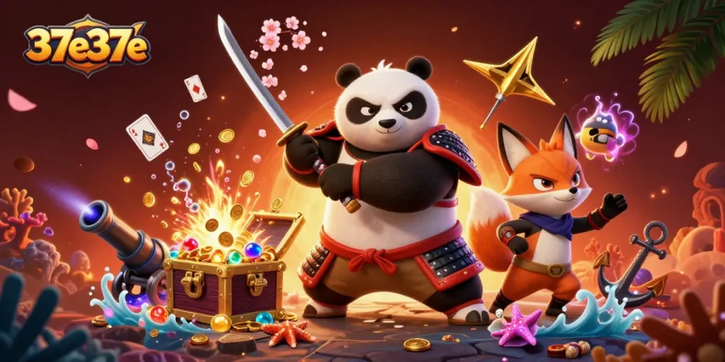 Participe da diversão no 37e37e, onde o samurai panda e a raposa ninja se encontram em uma explosão de tesouros!