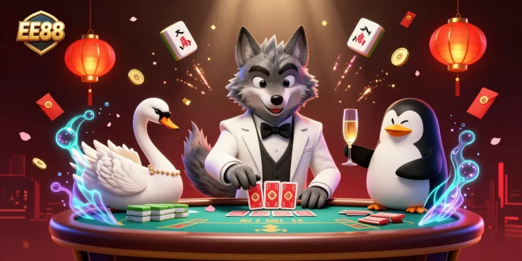 Join the excitement at EE88 with a vibrant casino scene featuring a debonair wolf, elegant swan, and penguin sommelier.