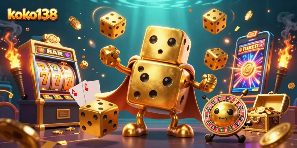 Engage with koko138's dynamic casino experience, where golden dice and slots collide in vibrant chaos.