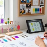 Custom keychains designer creating vibrant prototypes in a colourful workspace