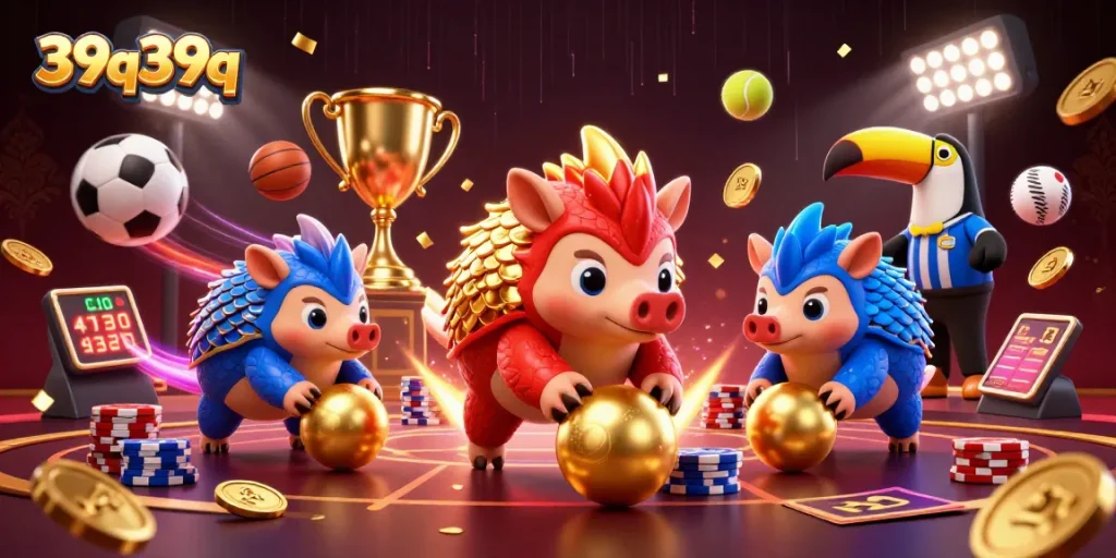 39q39q pangolins competing in a vibrant casino scene with flying sports elements and golden details.