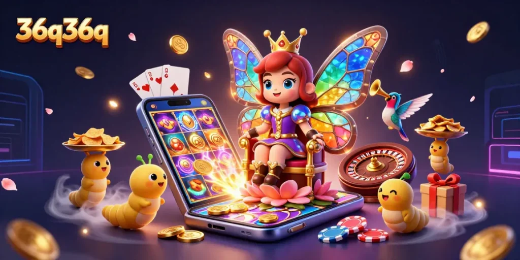 36q36q é uma ilustração 3D vibrante sobre um cassino online, cheia de criaturas fantásticas e elementos de jogo.