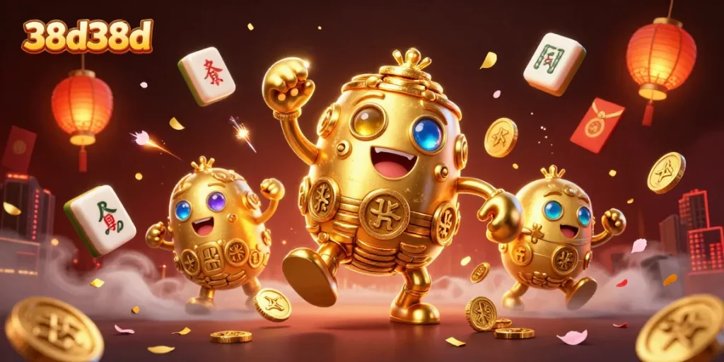 Ganhe no 38d38d com o golem de ouro cercado por símbolos de jogo em um cenário vibrante e dinâmico.