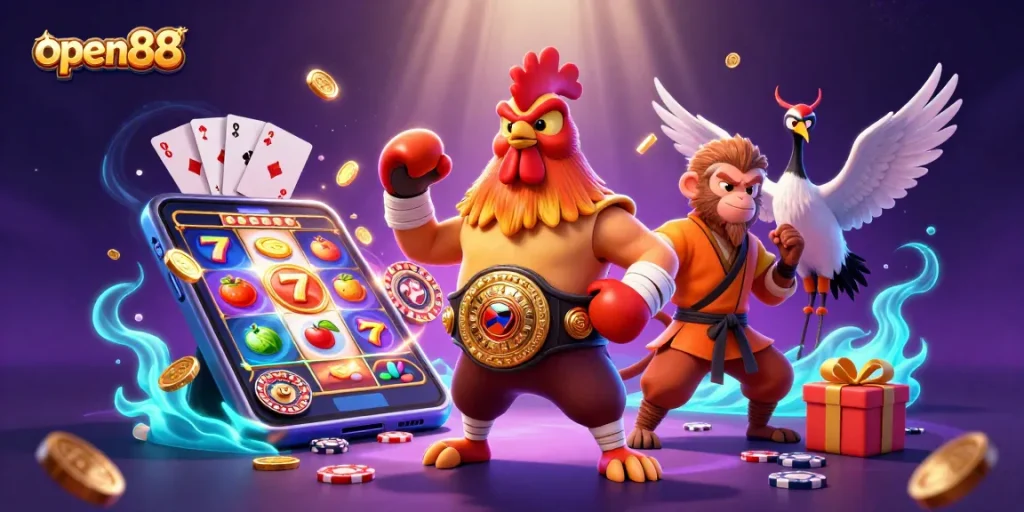 Experience thrilling gameplay with open88 as a fierce Muay Thai rooster and friends celebrate luck!