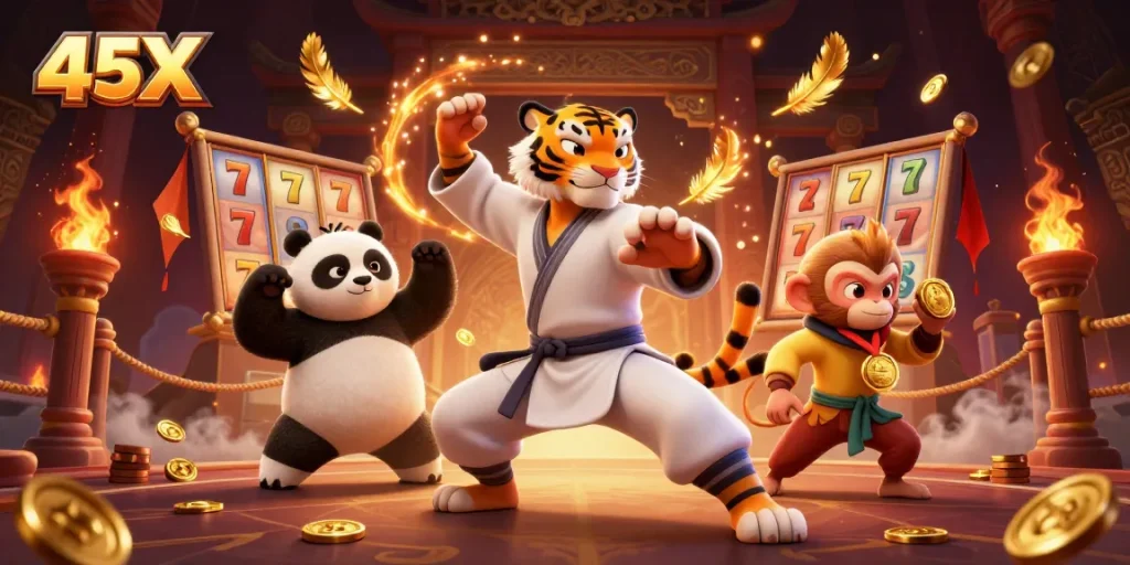 Engage with 45X as a kung fu tiger master demonstrates slots mastery in a vibrant 3D casino scene.