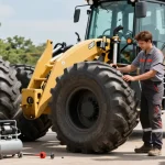 TLB tyres for sale being expertly fitted on a backhoe loader in a busy workshop.