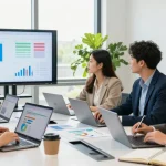 WPS Office team collaboration in a modern business setting with laptops and digital charts.