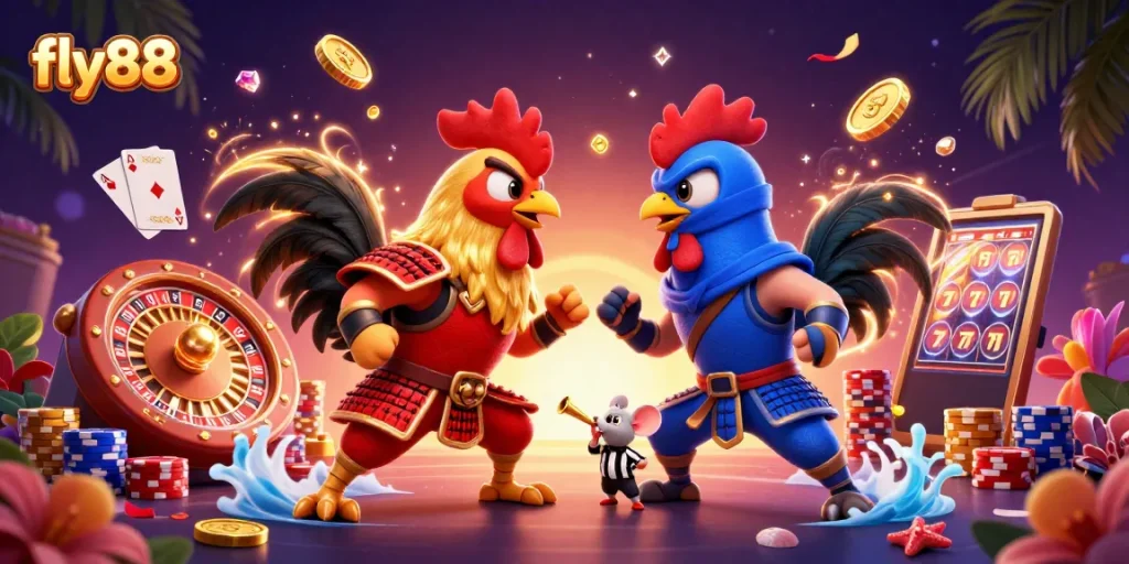 Experience thrilling action at fly88 with dynamic cartoon roosters battling in a grand casino scene.