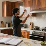شراء مطابخ مستعملة بالرياض, person examining a high-quality used kitchen with natural light.