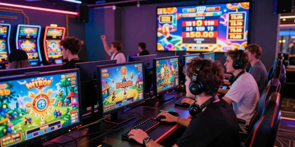 Exciting slot gaming moment on wd138 with diverse players focused on colorful screens