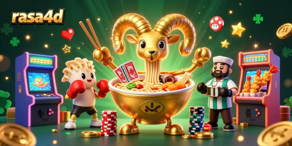 Permainan kartu dinamis oleh rasa4d di ilustrasi kasino dengan ramen dan teman-teman unik.