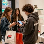 Young adults exploring fashion items with Kakobuy spreadsheet in urban shopping scene