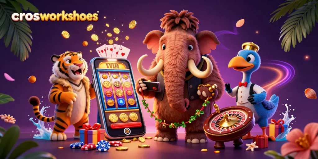 Engage in thrilling gameplay with crocsworkshoes as a woolly mammoth casino bouncer oversees a vibrant scene.