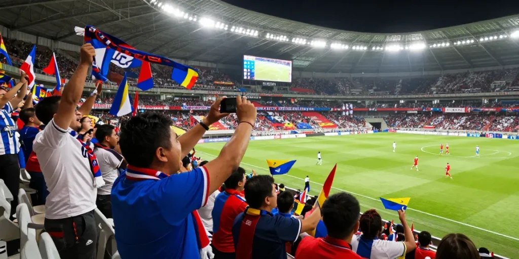 Live football match excitement with fans cheering and رابط الموقع الرسمي visible in the stadium atmosphere.