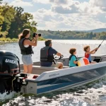 Family enjoying a day on the water with an outboard motorboat; buy outboard motor USA.
