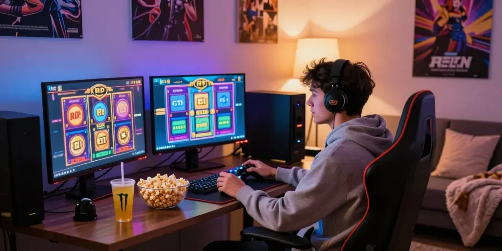 Exciting Playbook88 gaming experience in cozy home setup with vibrant slot games.