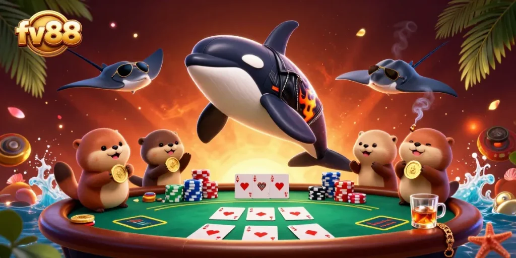 Play exciting games at fv88 featuring dynamic characters and poker elements in a vibrant scene.
