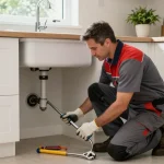 Professional plumber in Northampton repairing a clogged kitchen sink with tools in a modern home.