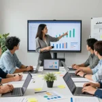 Collaborative team discussing backlink strategies in a modern office setting.