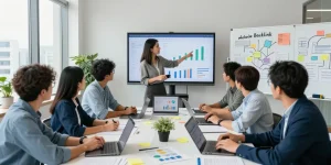 Collaborative team discussing backlink strategies in a modern office setting.