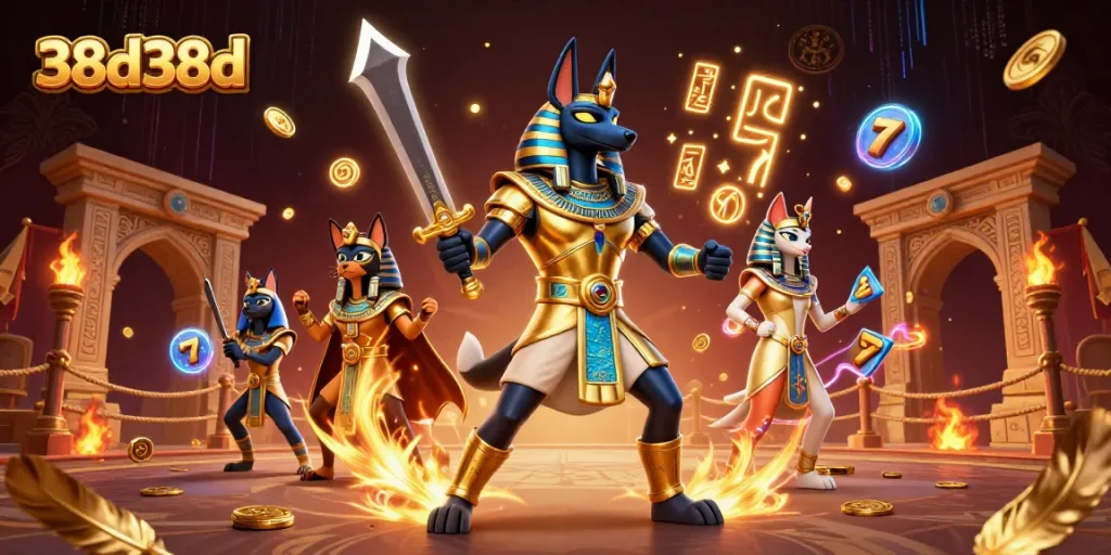 Engage in thrilling battles with the 38d38d casino experience illustrated through an ancient Egyptian warrior scene.