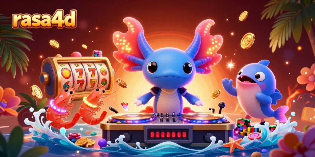 Menggali jackpot di slot rasa4d yang menampilkan DJ axolotl berwarna neon di pesta bawah laut.