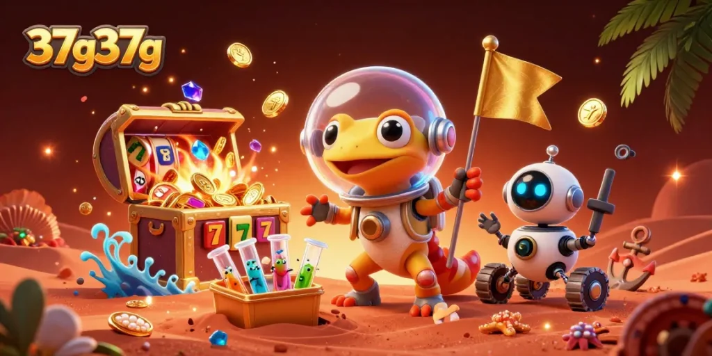 Engage with 37g37g's exciting casino scene featuring a Martian gecko and treasures.