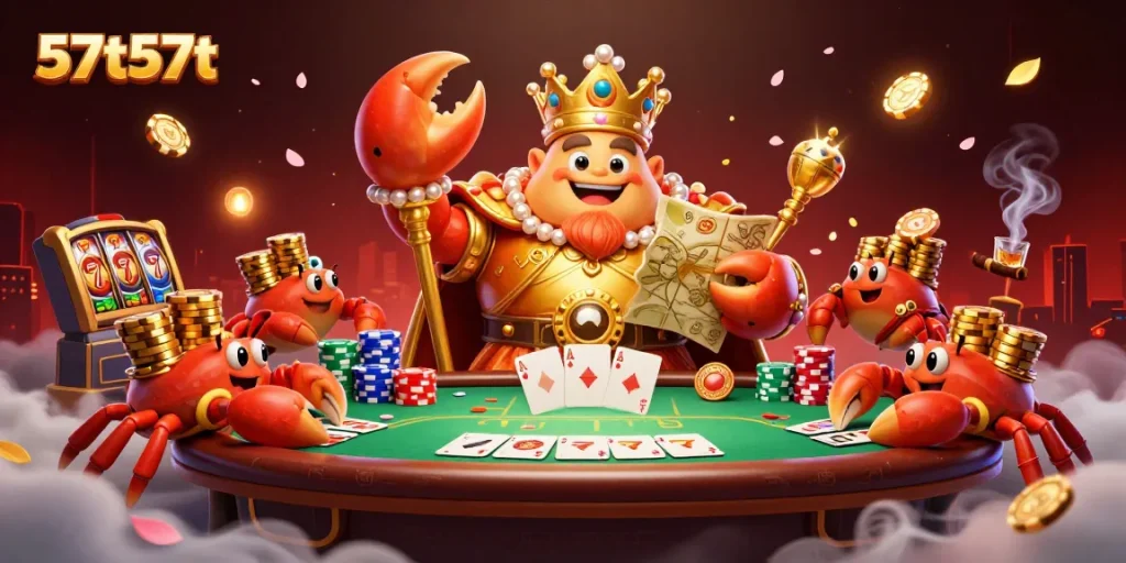 O imperador caranguejo dourado 57t57t domina um cassino vibrante com mesa de pôquer.
