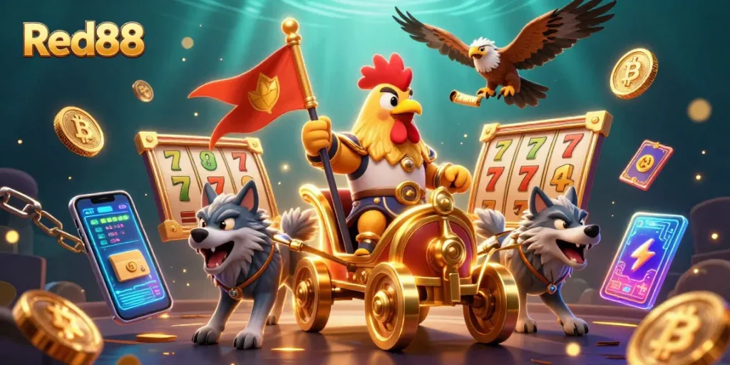Bet on Red88 with thrilling slot games featuring golden coins and vibrant characters.