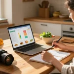 Nutritionist designing meal plans using the best food tracking app in a cozy kitchen setting.