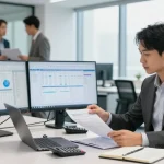 Audit Services in Dubai with professional auditor analyzing financial documents in a modern corporate office setting.